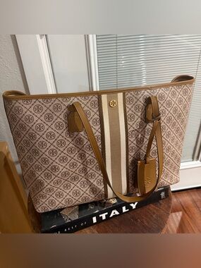 Tory Burch Beige & Tan Monogram Canvas Stripe Tote
